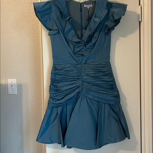NWT $550 Retail flor et.al Crepe Teal Ruffle Mini Dress | Size 4